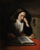 An old woman dozing over a book by Maes
